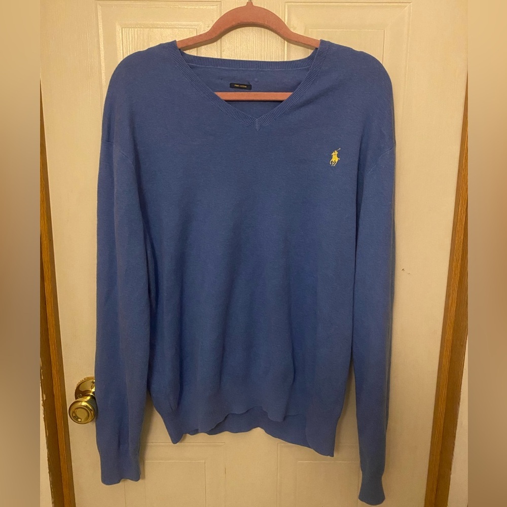 Polo by Ralph Lauren Soft Light Blue V-Neck Sweater with Yellow Pony